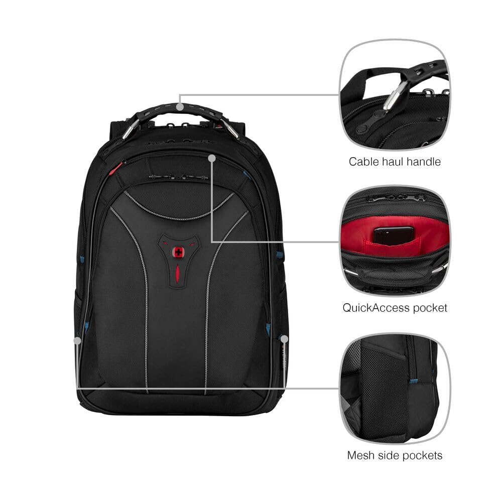 Wenger Carbon 30 Litre Laptop Backpack with Carrying Handle, Padded Shoulder Straps, 17 Inch Laptop Sleeve, For Work, School, Travel, Black, 600637