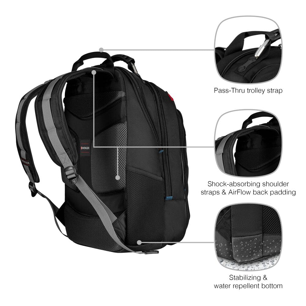 Wenger Carbon 30 Litre Laptop Backpack with Carrying Handle, Padded Shoulder Straps, 17 Inch Laptop Sleeve, For Work, School, Travel, Black, 600637