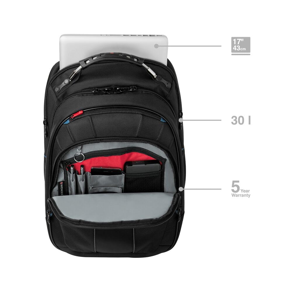 Wenger Carbon 30 Litre Laptop Backpack with Carrying Handle, Padded Shoulder Straps, 17 Inch Laptop Sleeve, For Work, School, Travel, Black, 600637