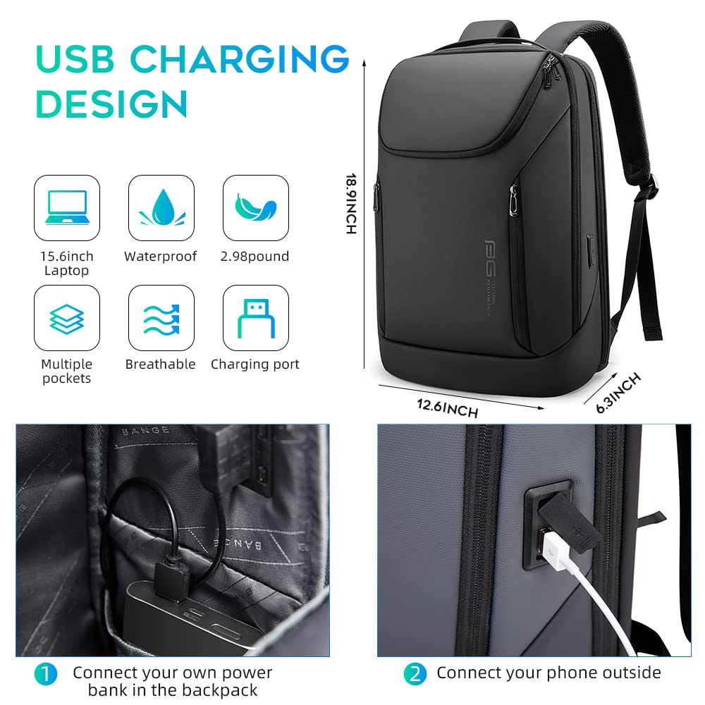 BANGE Business Smart Backpack Waterproof laptop backpack with USB Charging Port,Travel Durable Backpack (BlACK(three Pocket)
