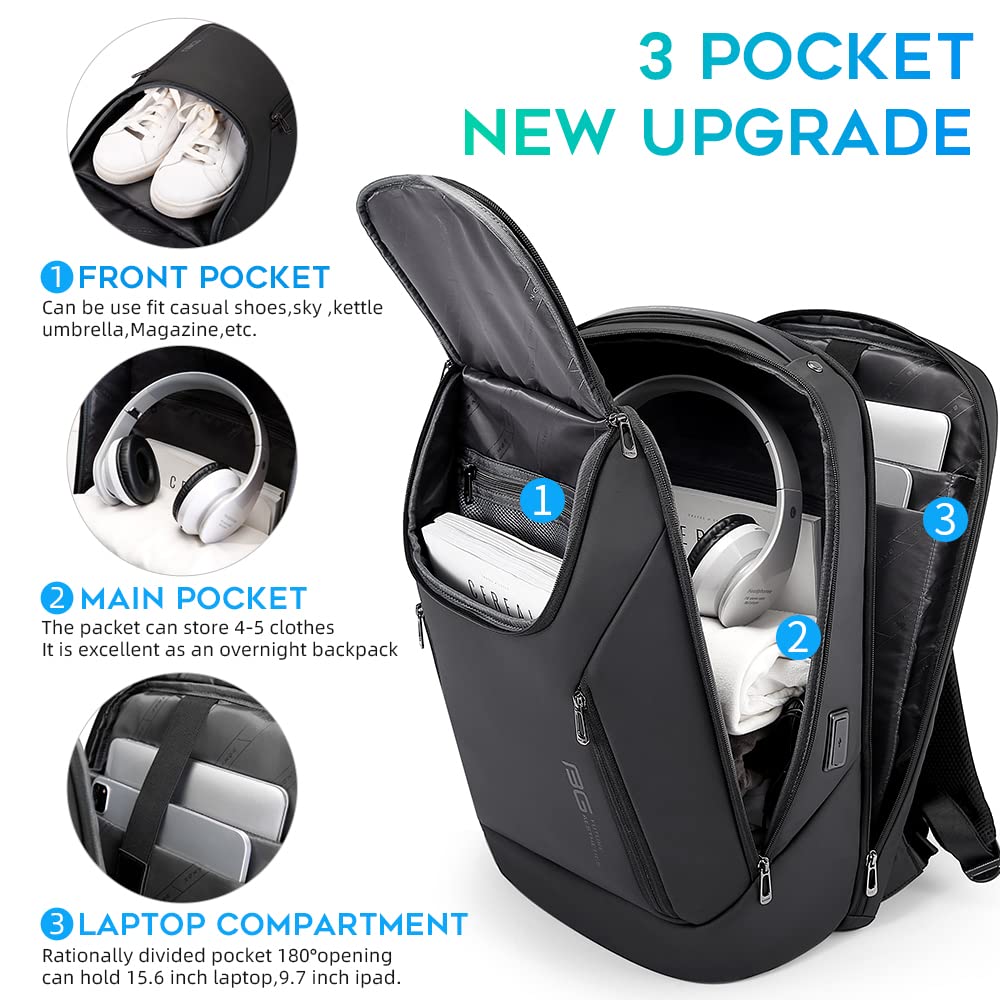 BANGE Business Smart Backpack Waterproof laptop backpack with USB Charging Port,Travel Durable Backpack (BlACK(three Pocket)