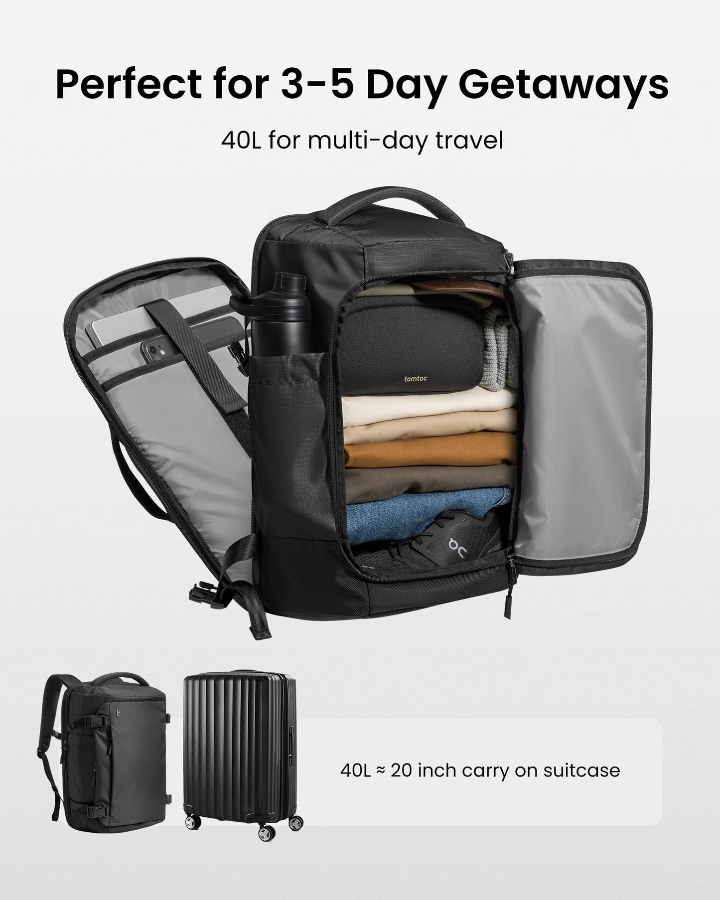 tomtoc Travel Backpack 40L, TSA Friendly Flight Approved Carry on Luggage Hand Water-resistant Lightweight Business Rucksack, Durable Large Weekender Bag Daypack Fits 17.3 Inch Laptop