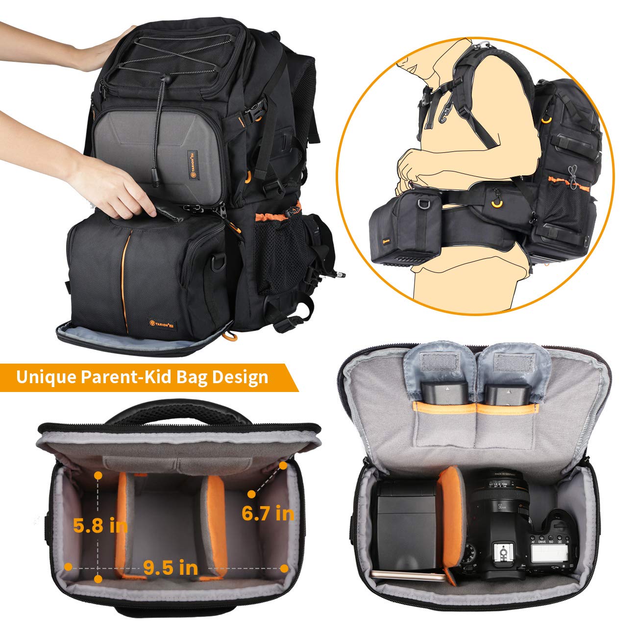 TARION 2 Bags in 1 Extra Large Camera Backpack Large with 15.6" Laptop Compartment Waterproof Rain Cover for Travel Hiking - Multi-Function DSLR Bag with Associate Single Shoulder Bag Case PB01