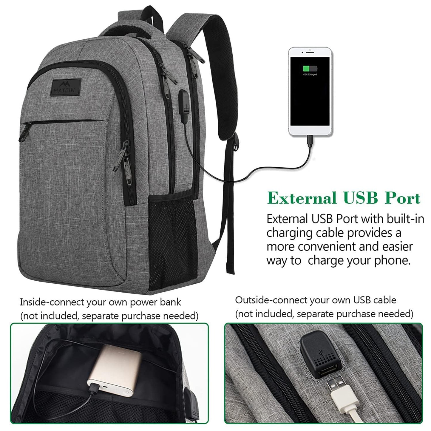 MATEIN Travel Laptop Backpack - Anti-Theft & Water Resistant with USB Charging Port