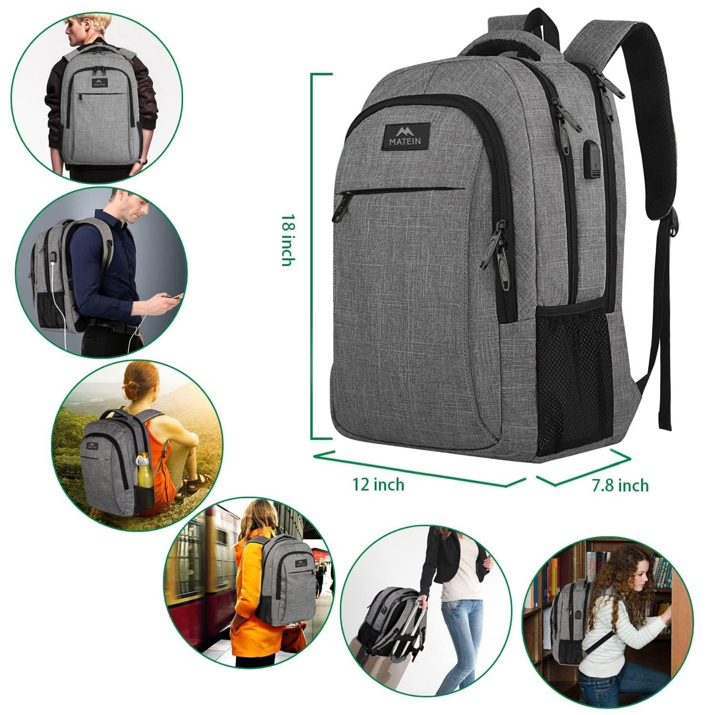 MATEIN Travel Laptop Backpack - Anti-Theft & Water Resistant with USB Charging Port
