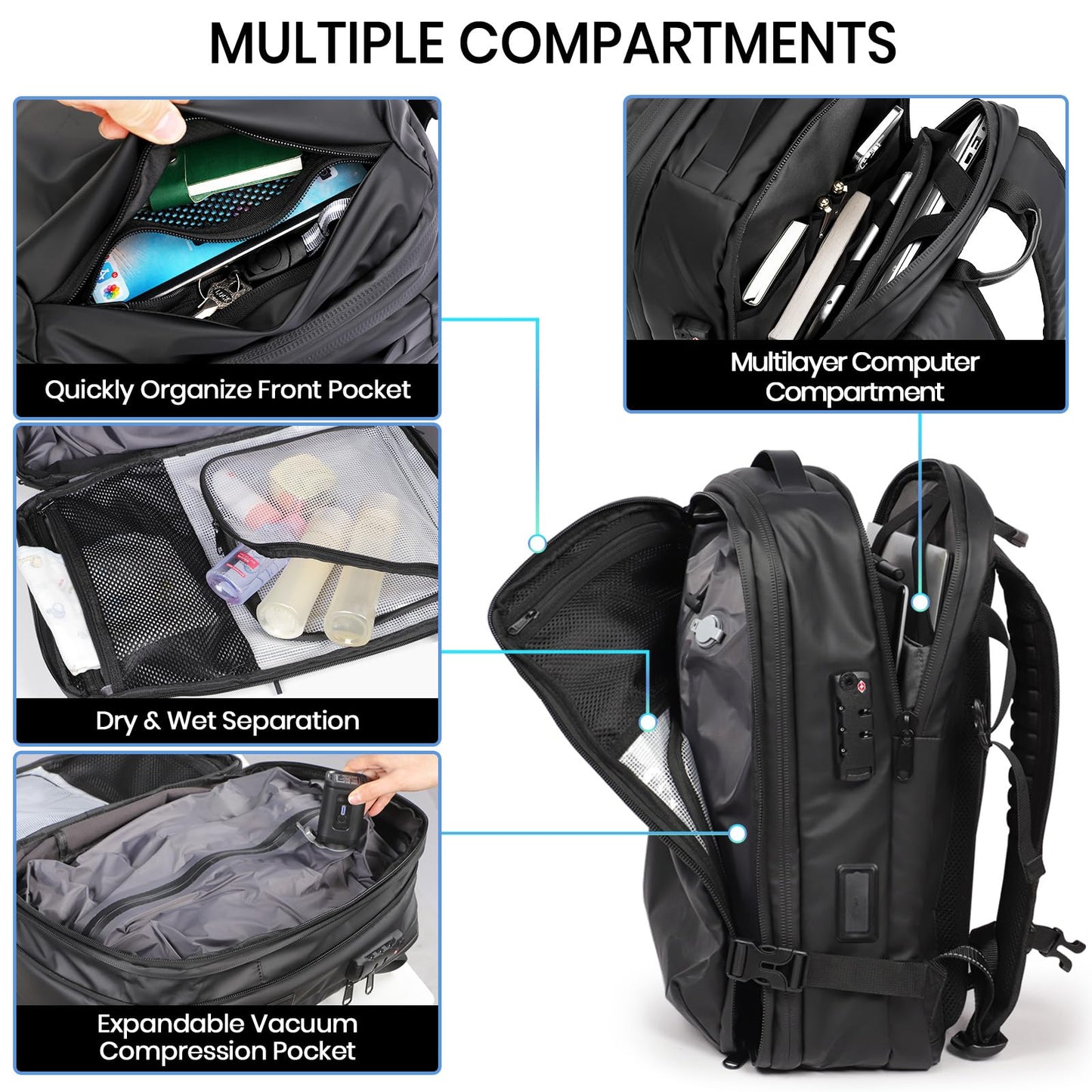 H.yeed Travel Backpack, Expandable 30L-60L Vacuum Backpack with USB&Type-C Charging Port and Pump, Waterproof Lightweight Business Rucksack, Wet Dry Separation, Fits 17.3 Inch Laptop