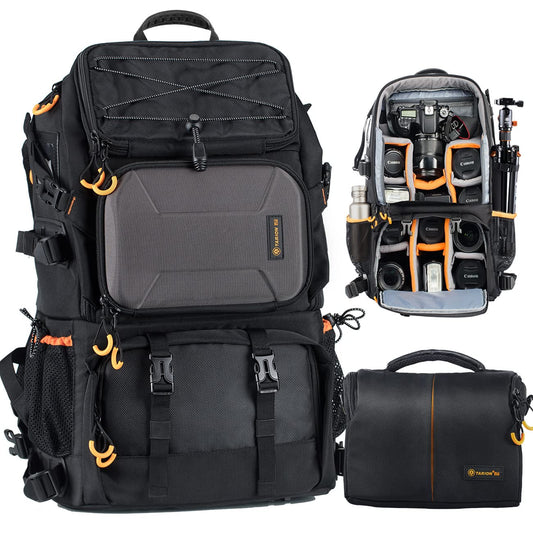 TARION 2 Bags in 1 Extra Large Camera Backpack Large with 15.6" Laptop Compartment Waterproof Rain Cover for Travel Hiking - Multi-Function DSLR Bag with Associate Single Shoulder Bag Case PB01