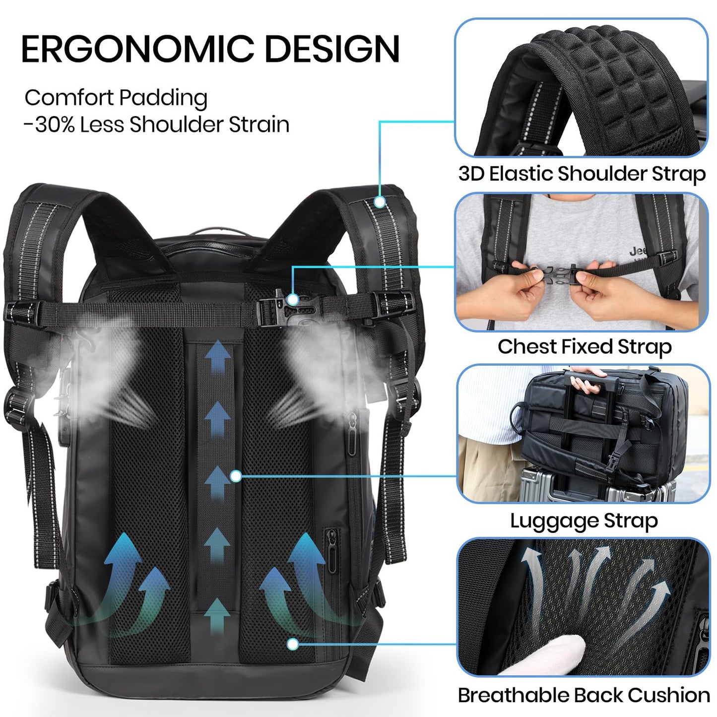 H.yeed Travel Backpack, Expandable 30L-60L Vacuum Backpack with USB&Type-C Charging Port and Pump, Waterproof Lightweight Business Rucksack, Wet Dry Separation, Fits 17.3 Inch Laptop