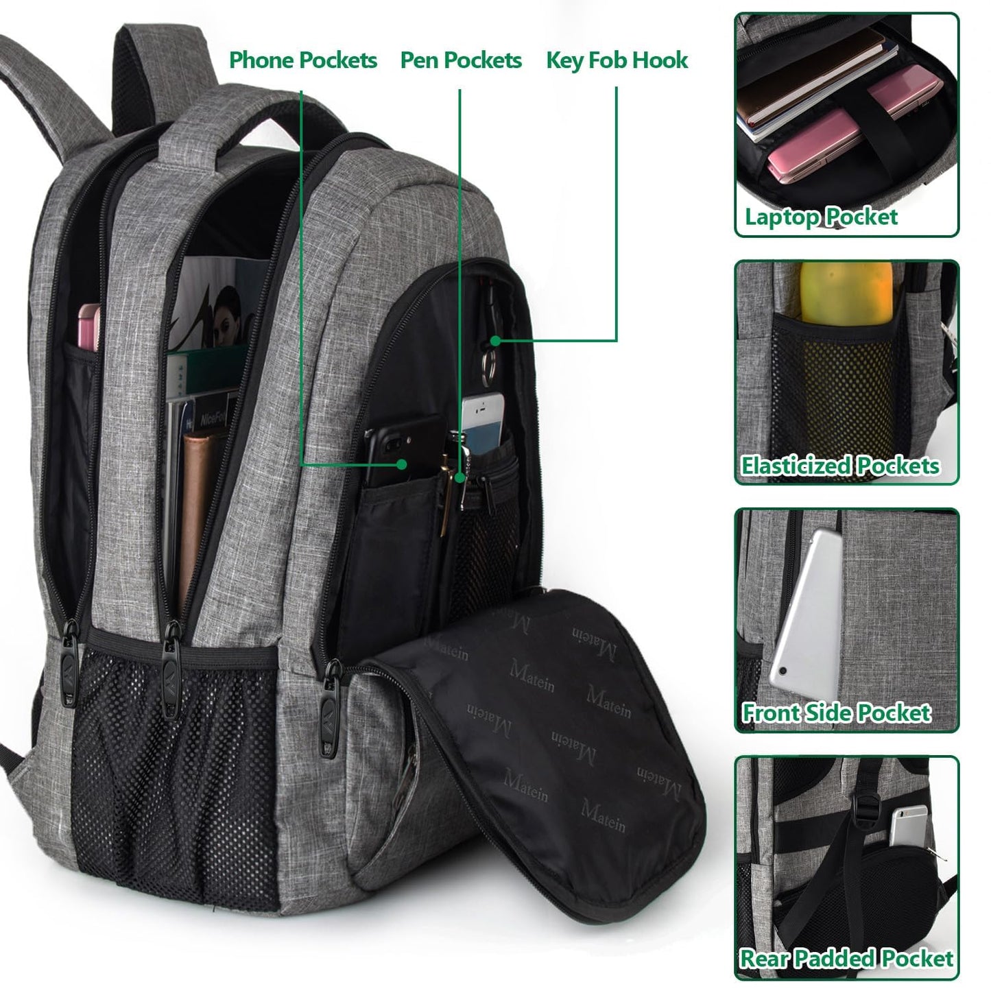 MATEIN Travel Laptop Backpack - Anti-Theft & Water Resistant with USB Charging Port