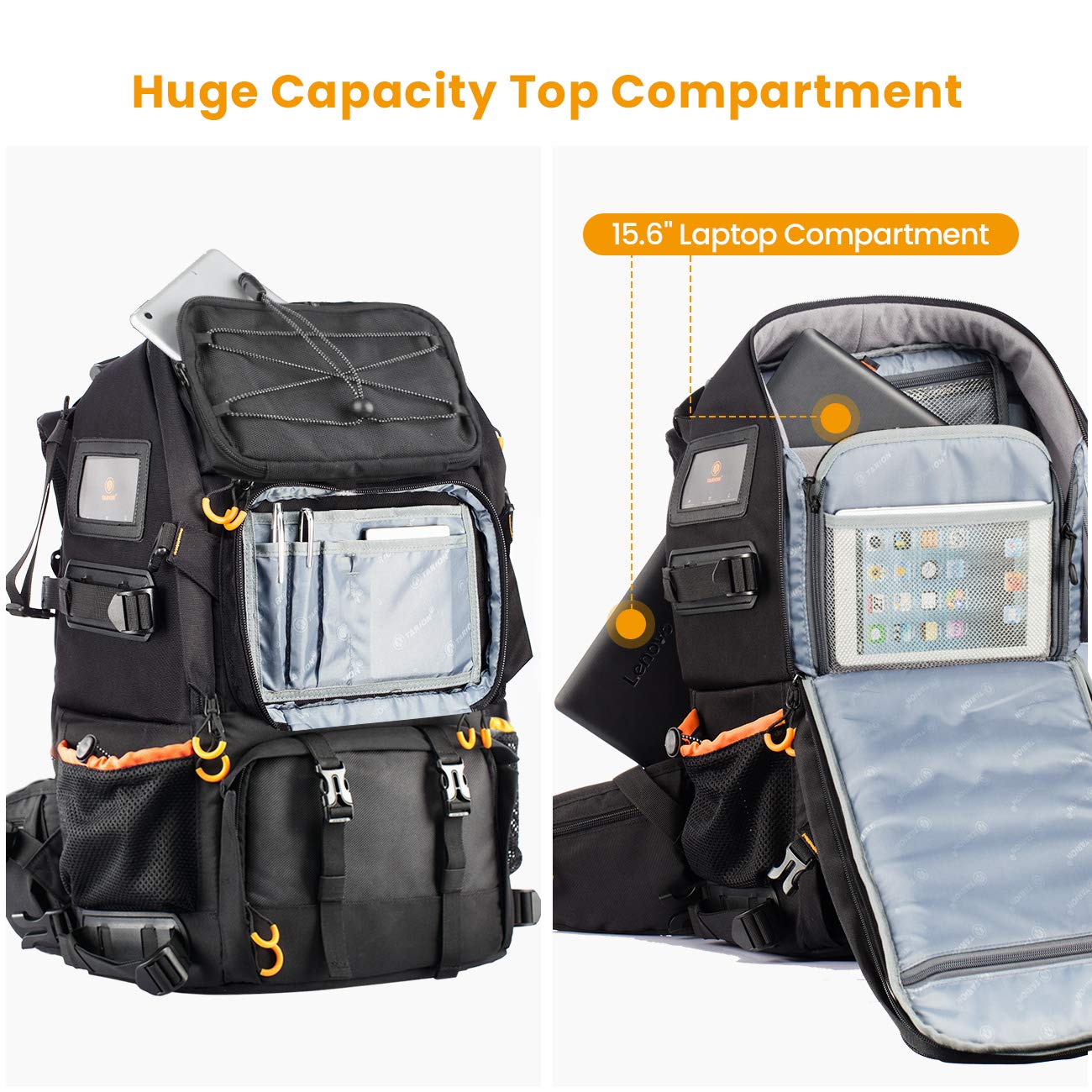 TARION 2 Bags in 1 Extra Large Camera Backpack Large with 15.6" Laptop Compartment Waterproof Rain Cover for Travel Hiking - Multi-Function DSLR Bag with Associate Single Shoulder Bag Case PB01